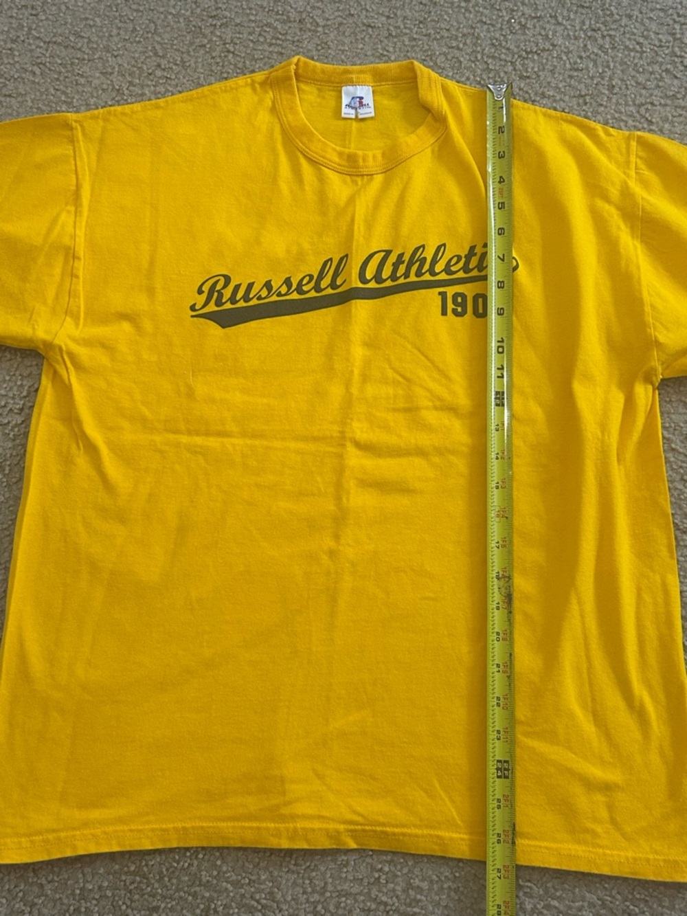 Vintage Yellow Russell Athletic Script Logo Shirt Mens Crewneck Short Sleeve Tee - Picture 9 of 9